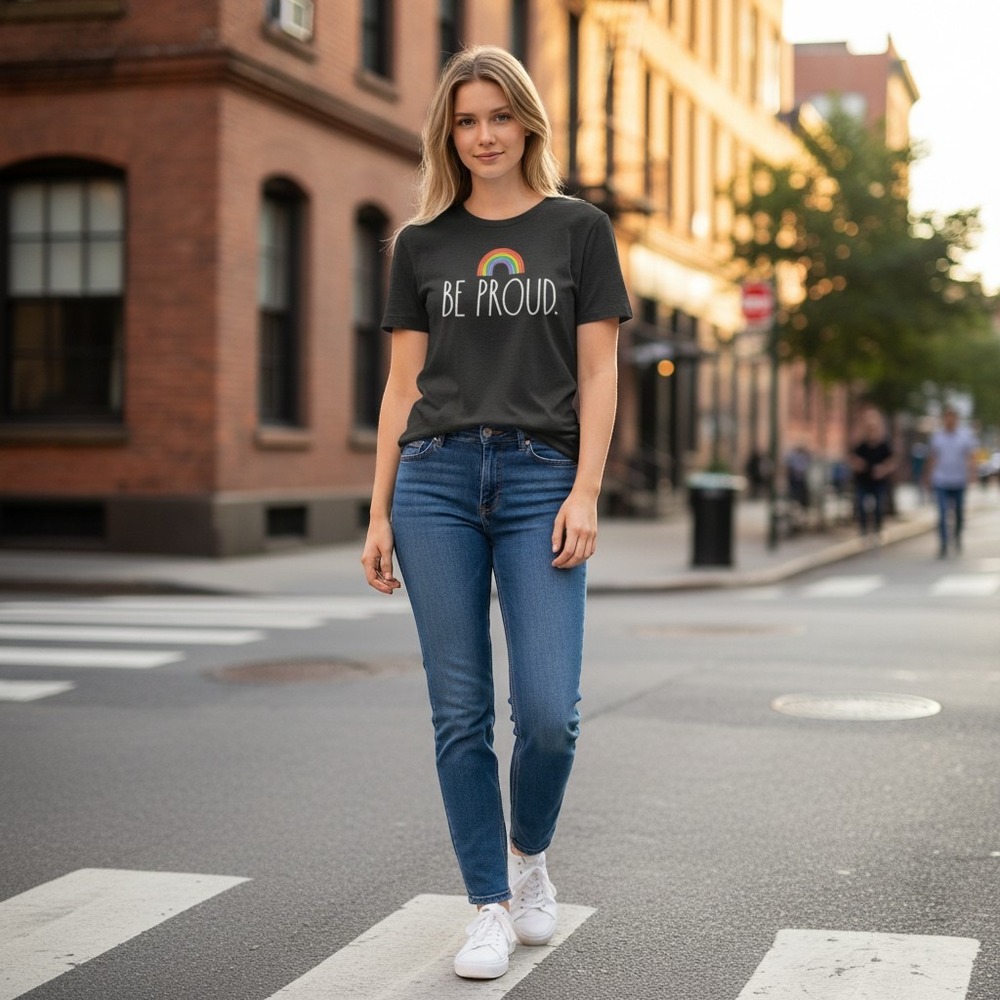 Rae Dunn Be Proud Rainbow Graphic Tee Black Slub T-Shirt Womens Large NEW NWT - Picture 2 of 12